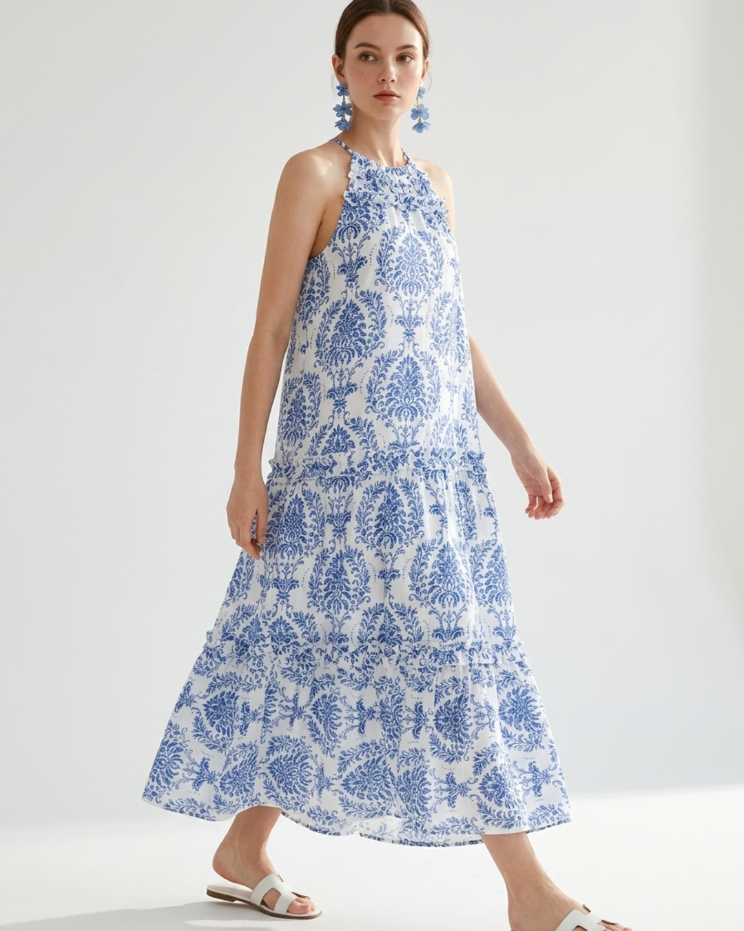 Women¡¯s Midi Sundress with Halter Neckline and Tiered Ruffle Trim