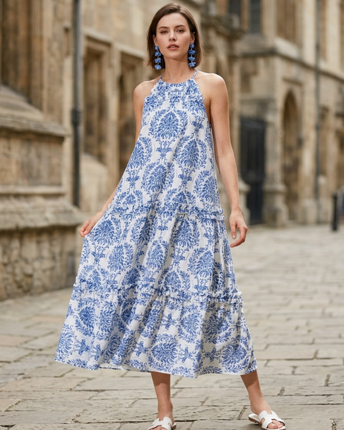 Women¡¯s Midi Sundress with Halter Neckline and Tiered Ruffle Trim