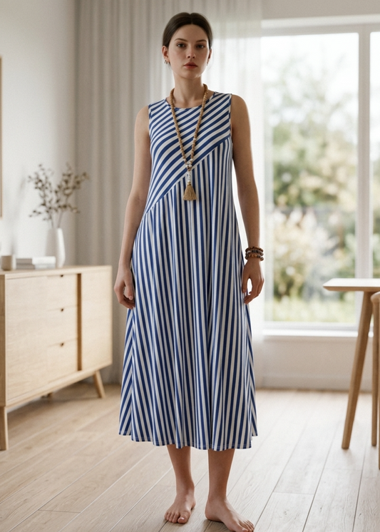 Women’s Midi Dress with Asymmetric Stripes and Sleeveless Round Neck