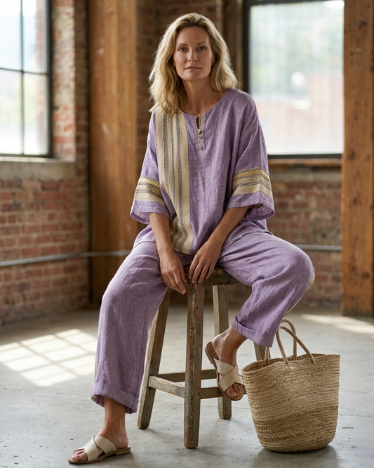 Women’s 2-Piece Linen Set with Oversized Tunic and Tapered Crop Pants