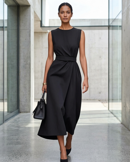 Women’s Sleeveless Midi Dress with Round Neck and Twist Detail Waist