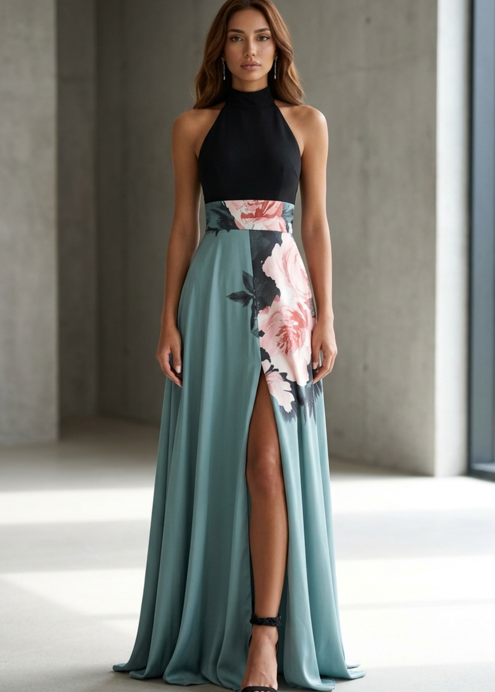 Women’s Maxi Dress with Halter Mock Neck and Floral Placement Print