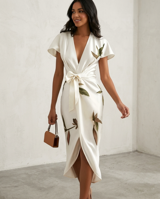 Women's Floral Wrap Midi Dress with Flutter Sleeves and V-Neck Detail