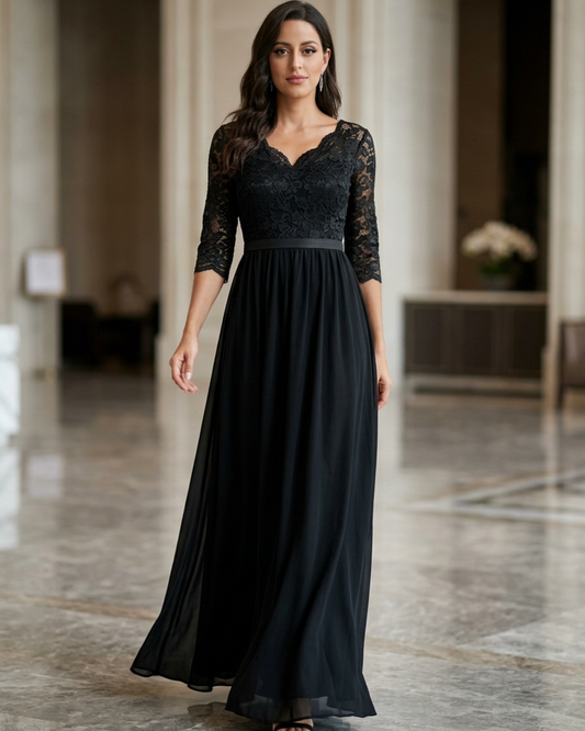 Women’s Lace Maxi Dress with Scalloped V-Neck and Three-Quarter Sleeves