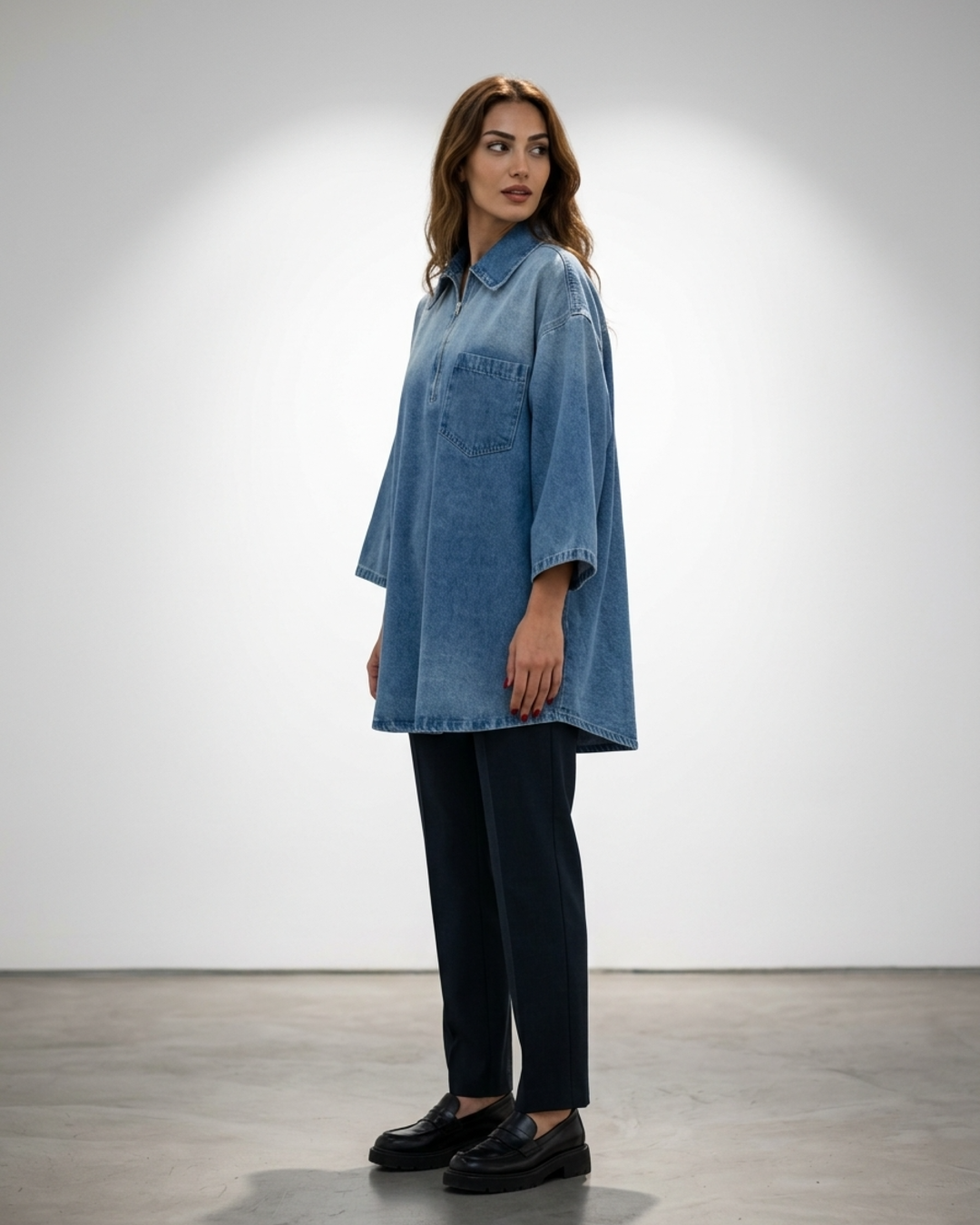 Women’s Denim Shirt Dress with Half-Zip Front and Oversized Fit