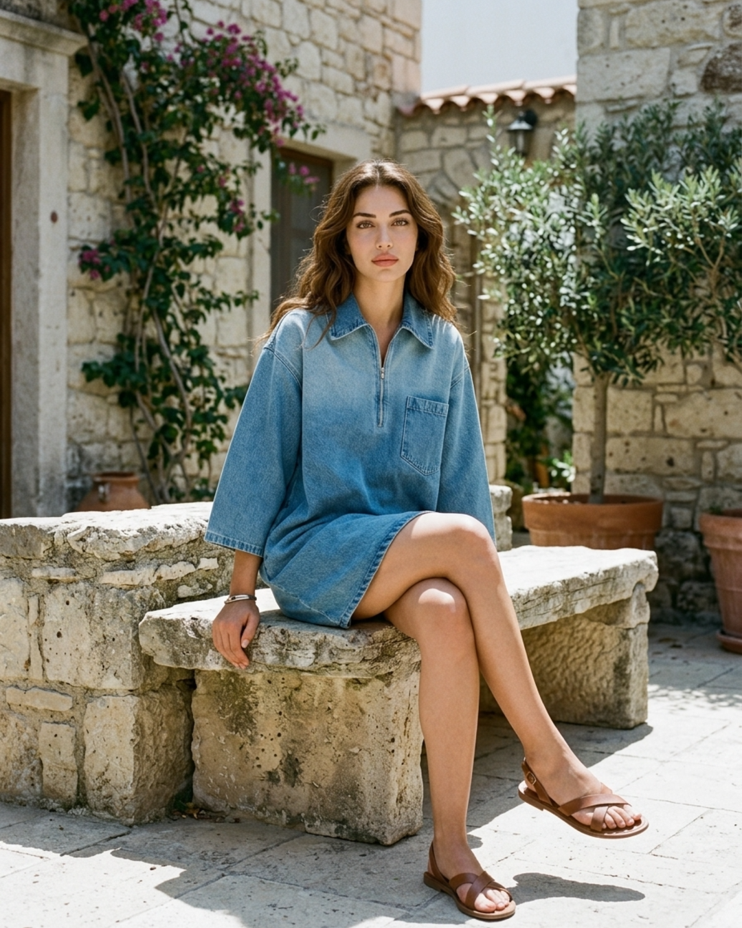 Women’s Denim Shirt Dress with Half-Zip Front and Oversized Fit