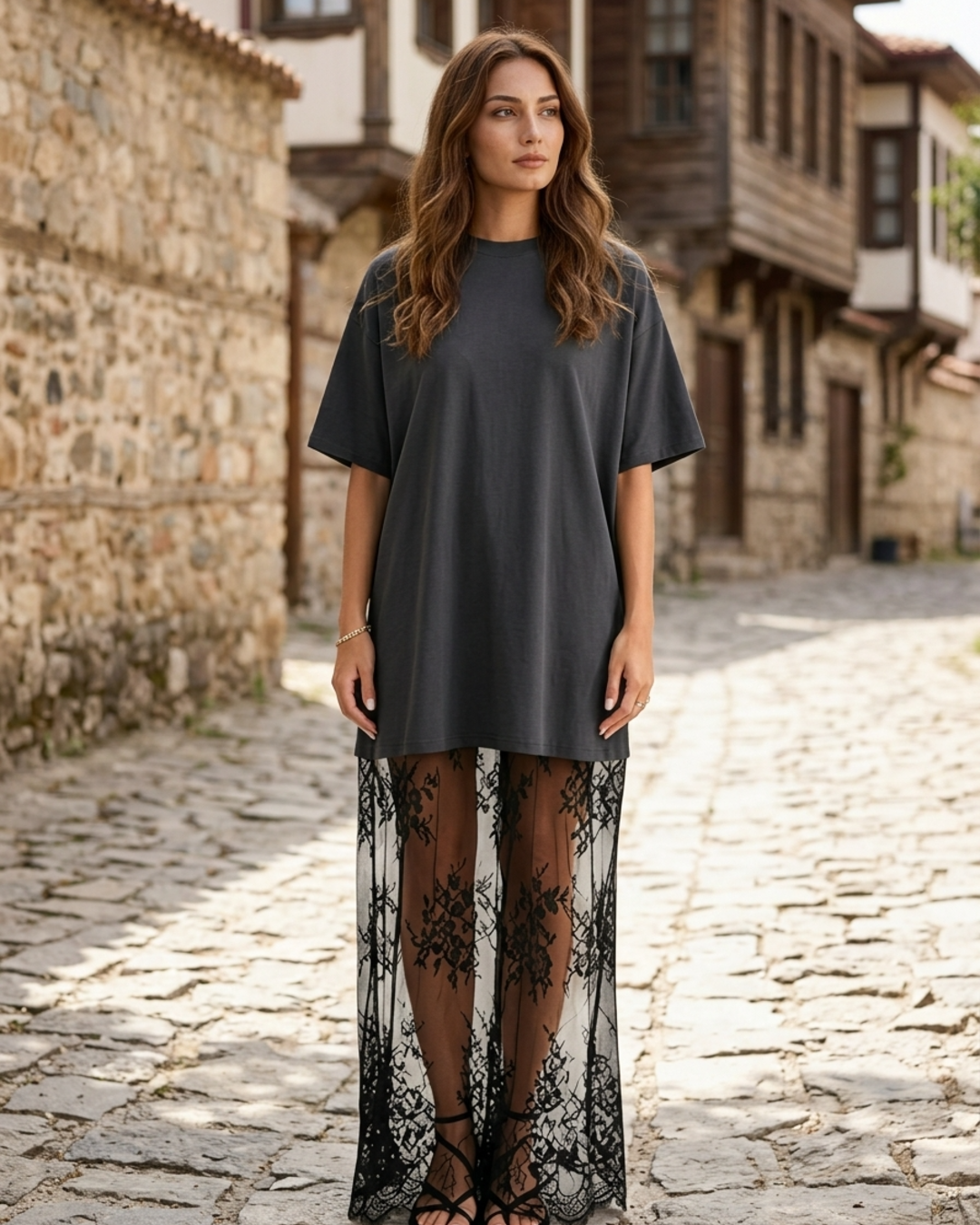 Women’s T-Shirt Maxi Dress with Scalloped Floral Lace Overlay Hem