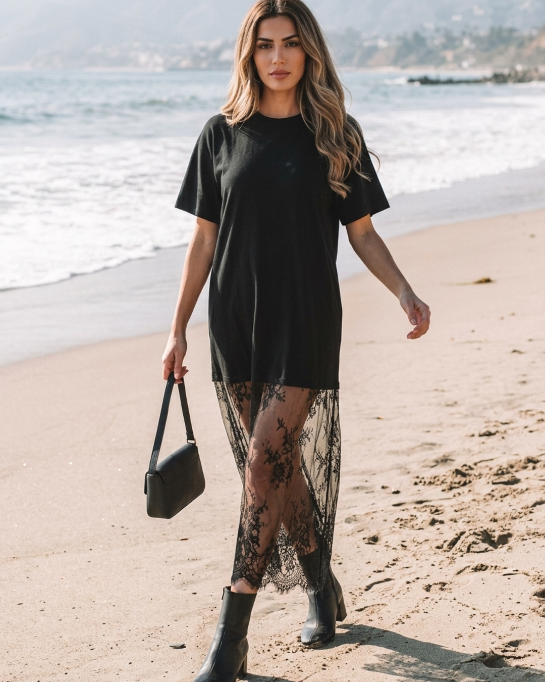Women’s T-Shirt Maxi Dress with Scalloped Floral Lace Overlay Hem