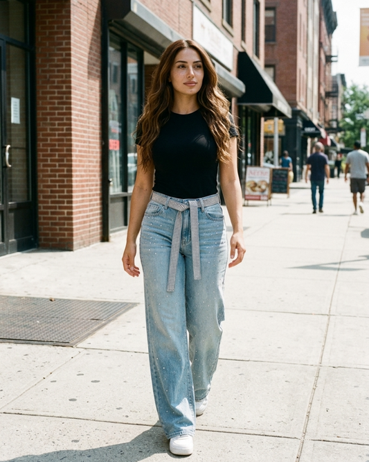 Women’s High Waisted Wide Leg Jeans with Rhinestone Embellishment and Belt