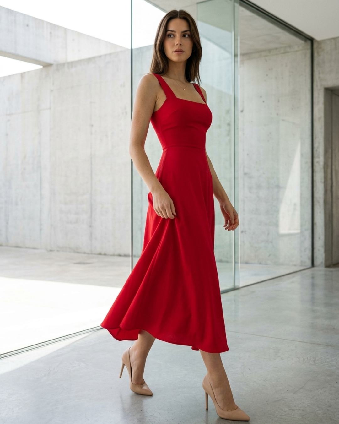 Women’s Midi Dress with Square Neckline and Corset Style Waist