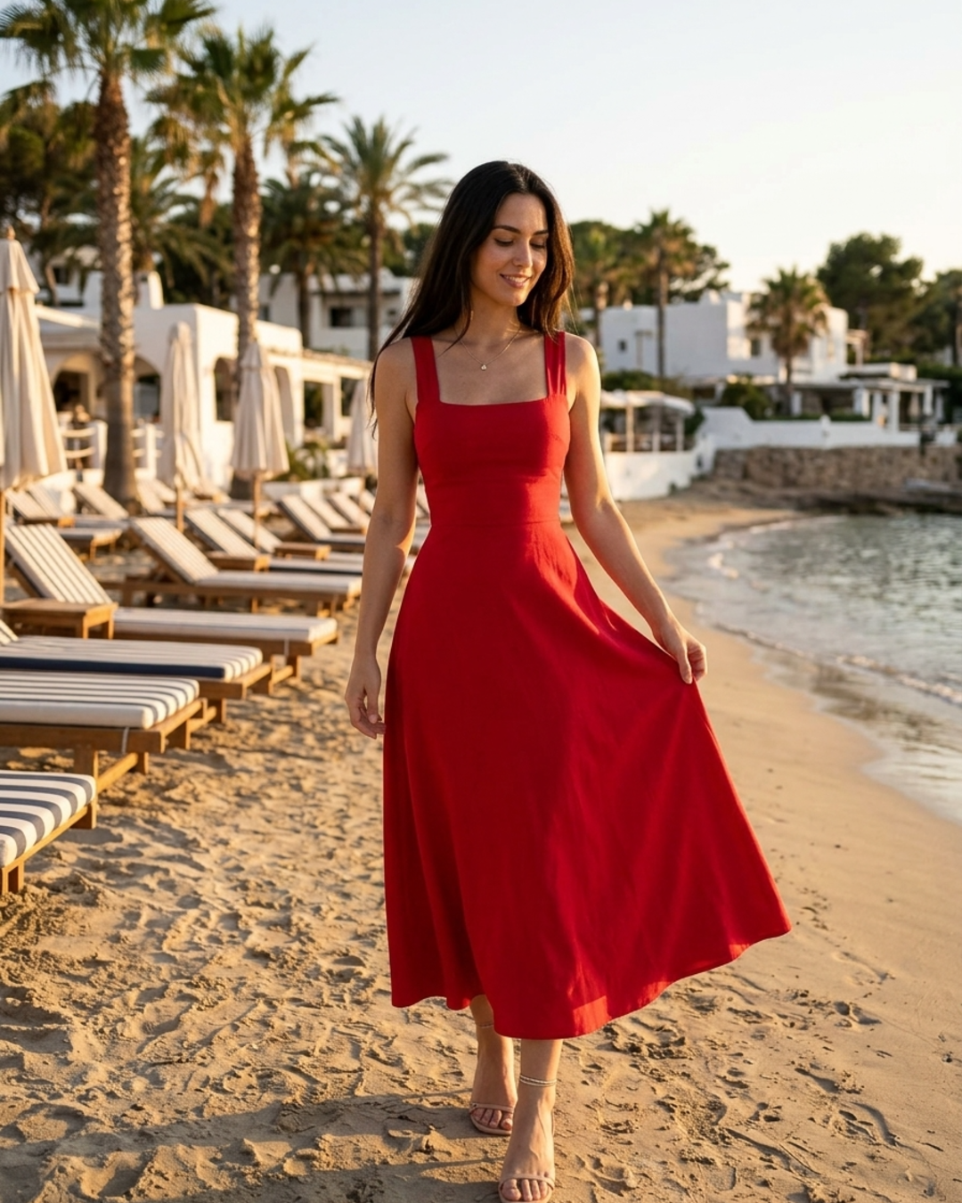 Women’s Midi Dress with Square Neckline and Corset Style Waist