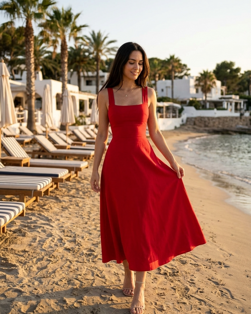 Women’s Midi Dress with Square Neckline and Corset Style Waist