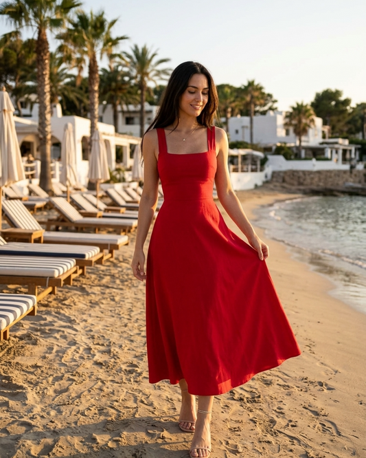 Women’s Midi Dress with Square Neckline and Corset Style Waist