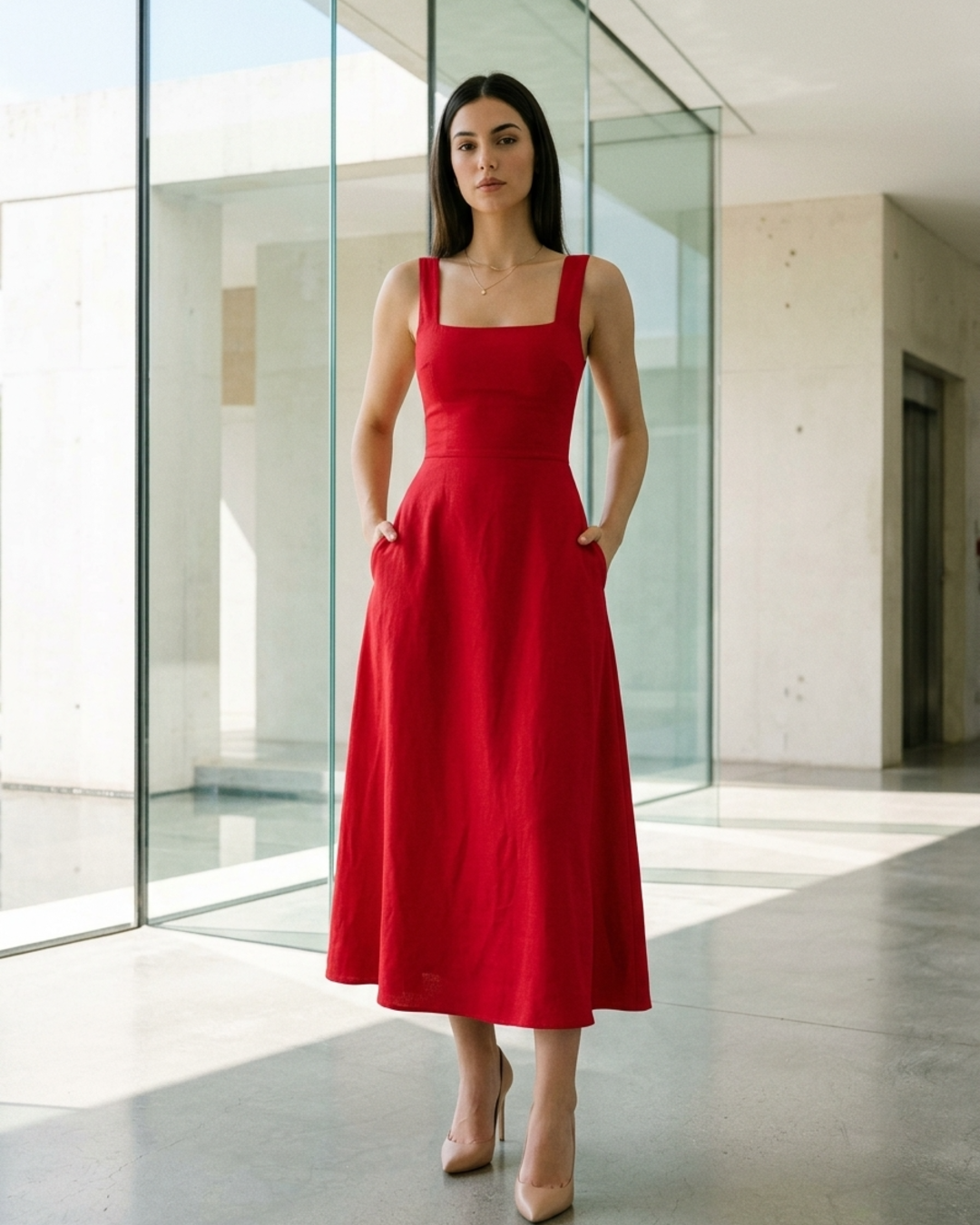 Women’s Midi Dress with Square Neckline and Corset Style Waist