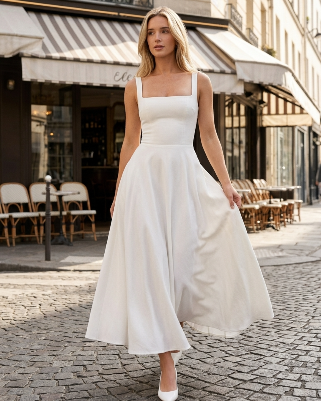 Women’s Midi Dress with Square Neckline and Corset Style Waist
