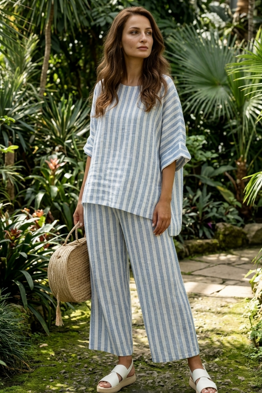Women’s Two-Piece Set with Vertical Striped Oversized Top and Wide Leg Pants
