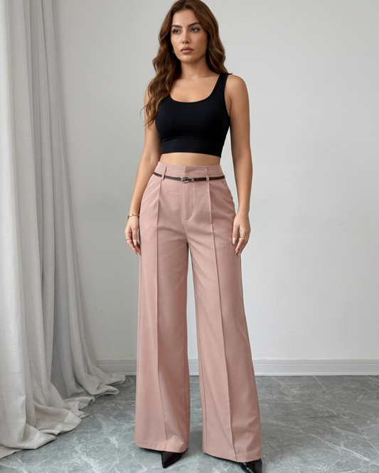 Women’s Wide Leg Pants with High-Waisted Tailoring and Front Pleats