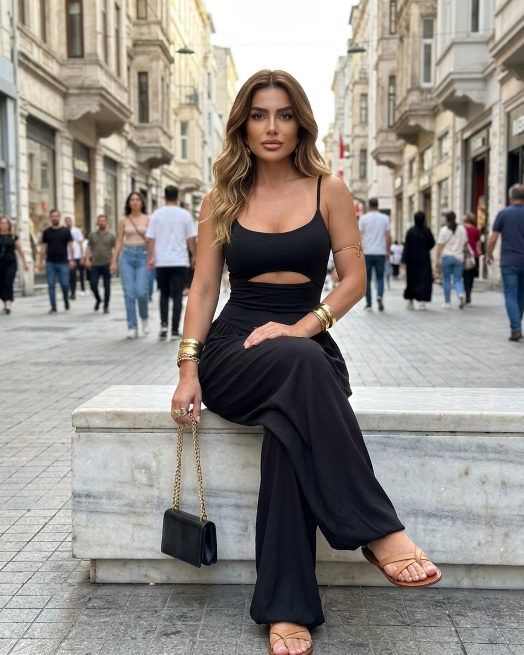 Women’s Jumpsuit with Wide Leg Silhouette and Midriff Cut-Out Detail