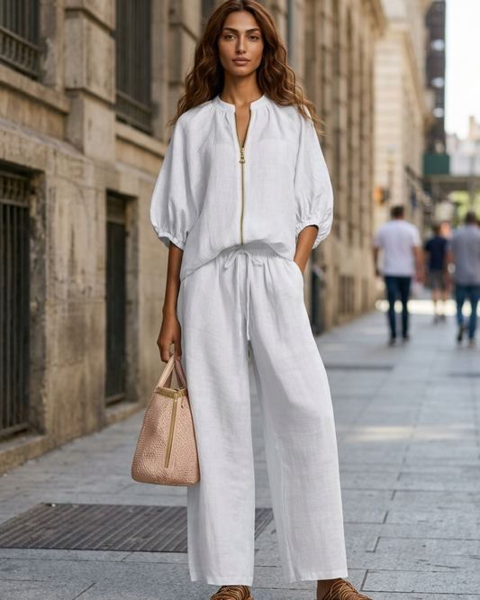 Women’s 2-Piece Set with Puff Sleeve Zip-Front Blouse and Wide Leg Pants