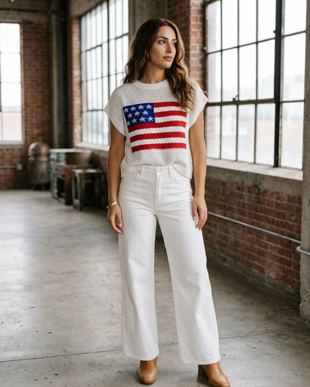 Women’s Knit Sweater Vest with American Flag Intarsia and Cap Sleeves