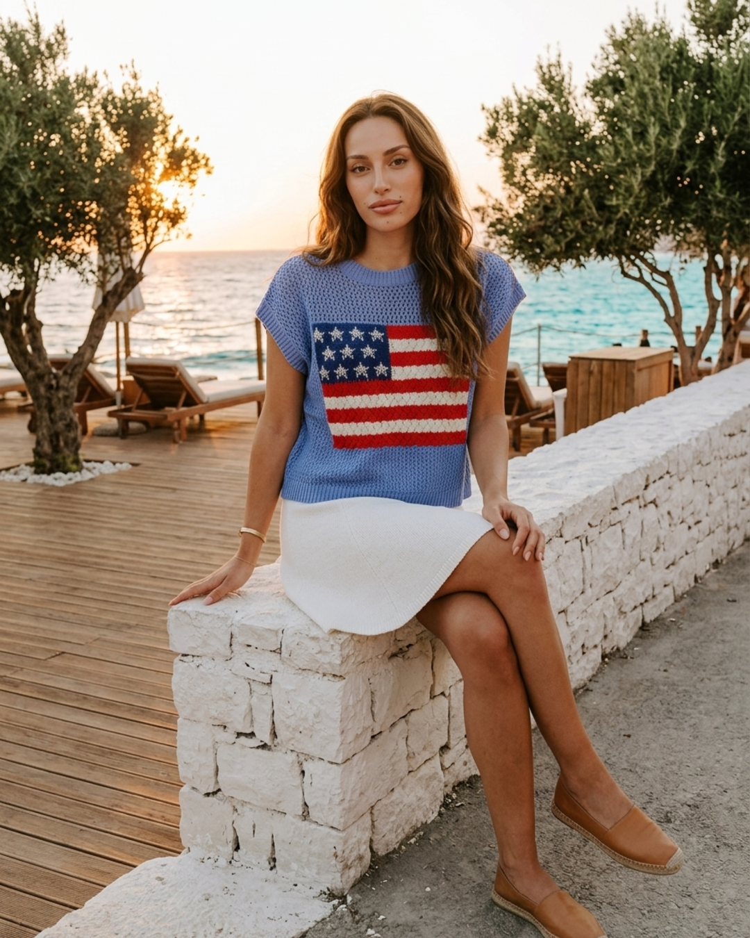 Women’s Knit Sweater Vest with American Flag Intarsia and Cap Sleeves