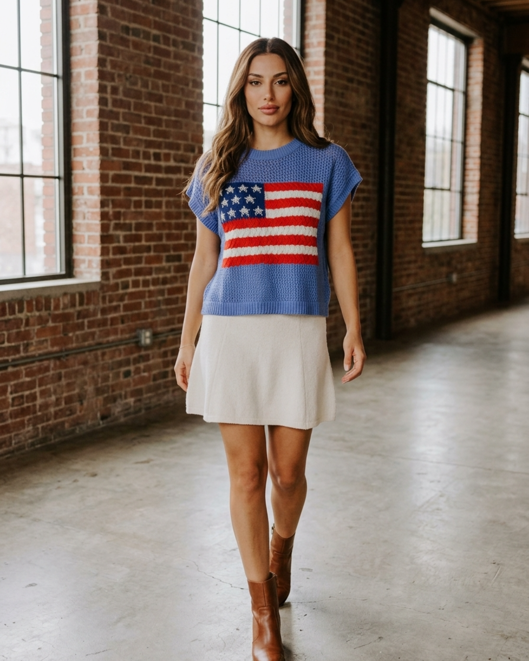 Women’s Knit Sweater Vest with American Flag Intarsia and Cap Sleeves