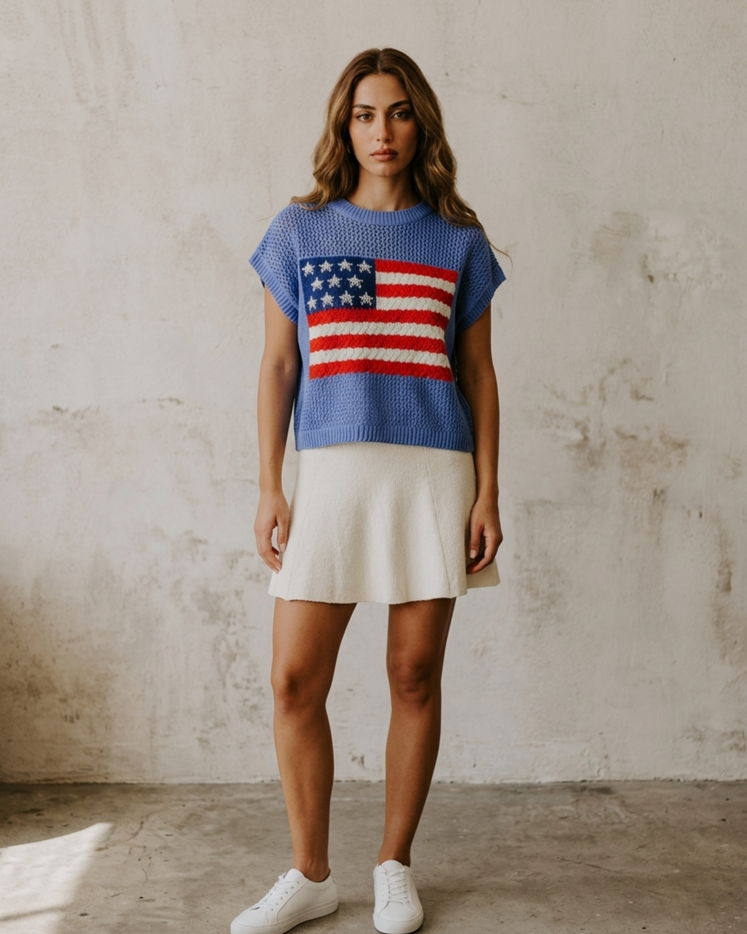 Women’s Knit Sweater Vest with American Flag Intarsia and Cap Sleeves