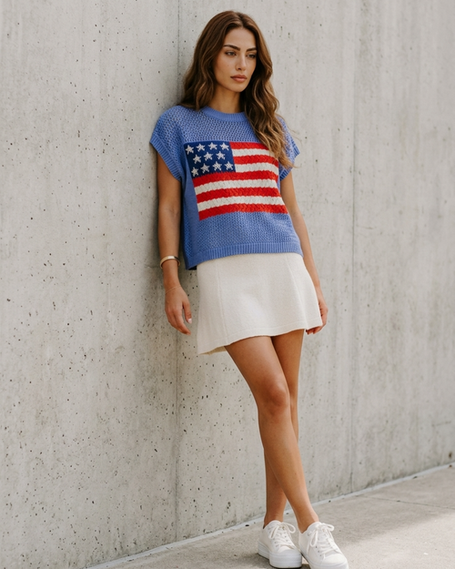 Women’s Knit Sweater Vest with American Flag Intarsia and Cap Sleeves