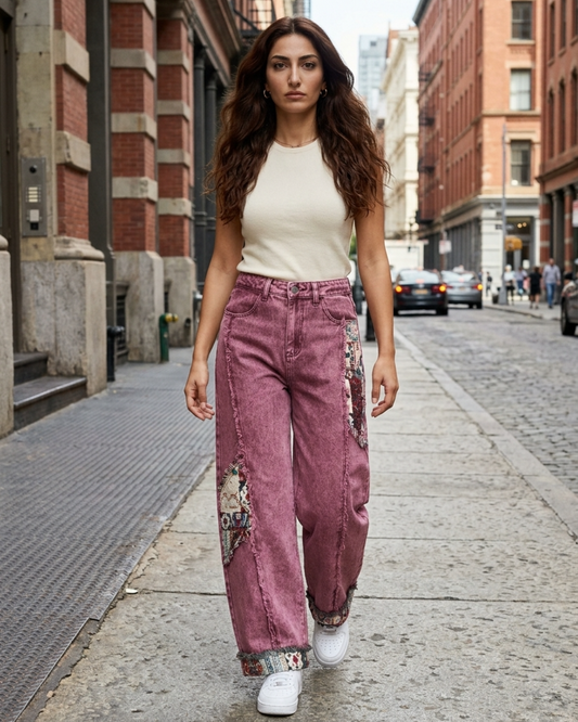 Women’s Wide Leg Jeans with Patchwork Detail and Acid Wash Finish