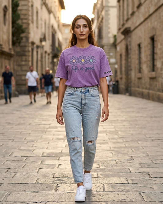 Women’s Graphic T-Shirt with Acid Wash Finish and Oversized Cotton Fit