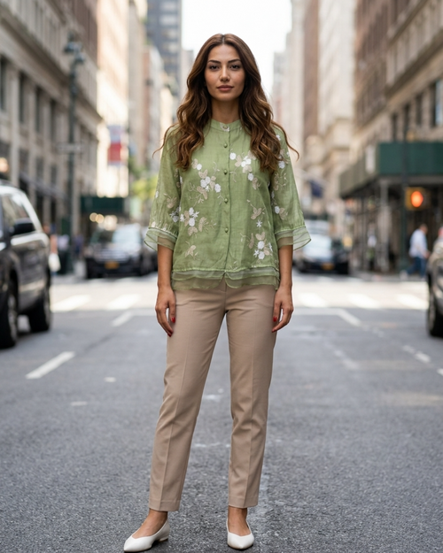 Women’s Blouse with Mandarin Collar and Artisanal Floral Embroidery