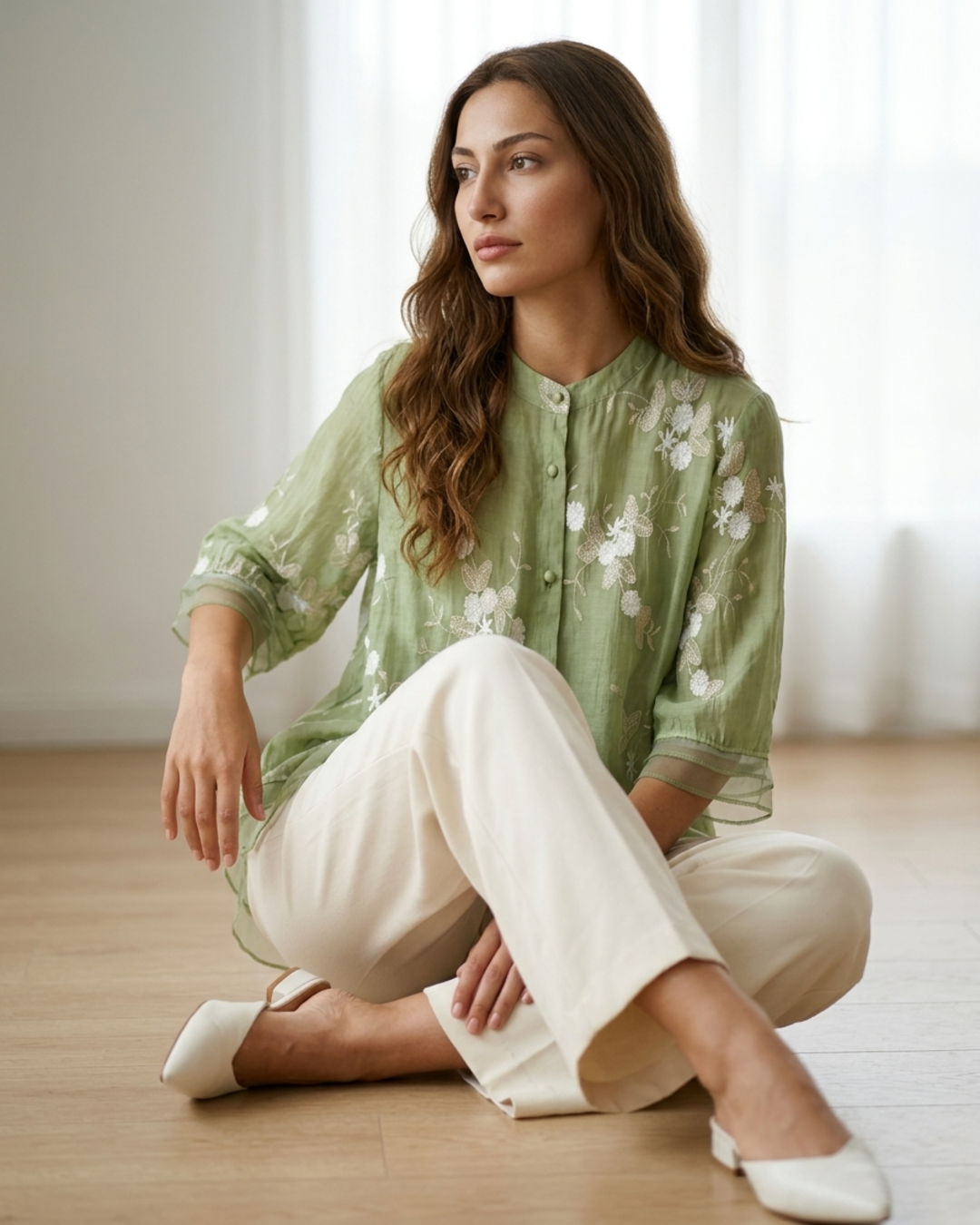 Women’s Blouse with Mandarin Collar and Artisanal Floral Embroidery
