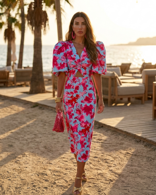 Women’s Midi Dress with Puff Sleeves and Twisted Cut-Out Floral Design