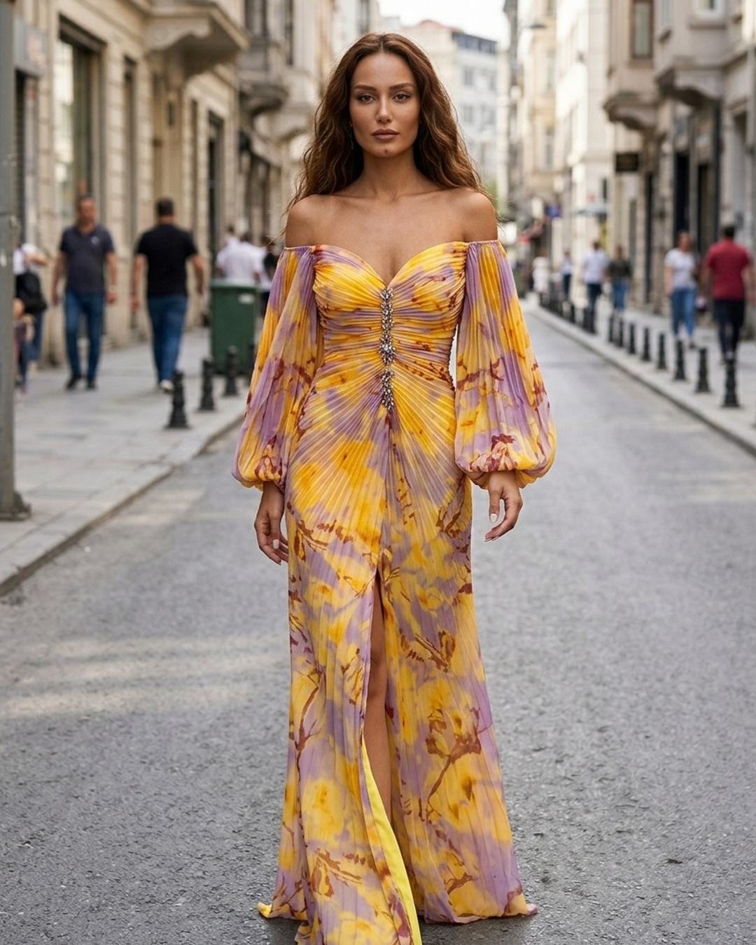 Women’s Plissé Maxi Dress Off-Shoulder Puff Sleeve Embellished Wedding Guest Gown
