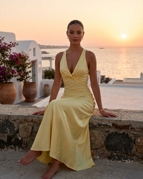 Women’s Maxi Dress Twist Front V Neck Satin Wedding Guest Gown