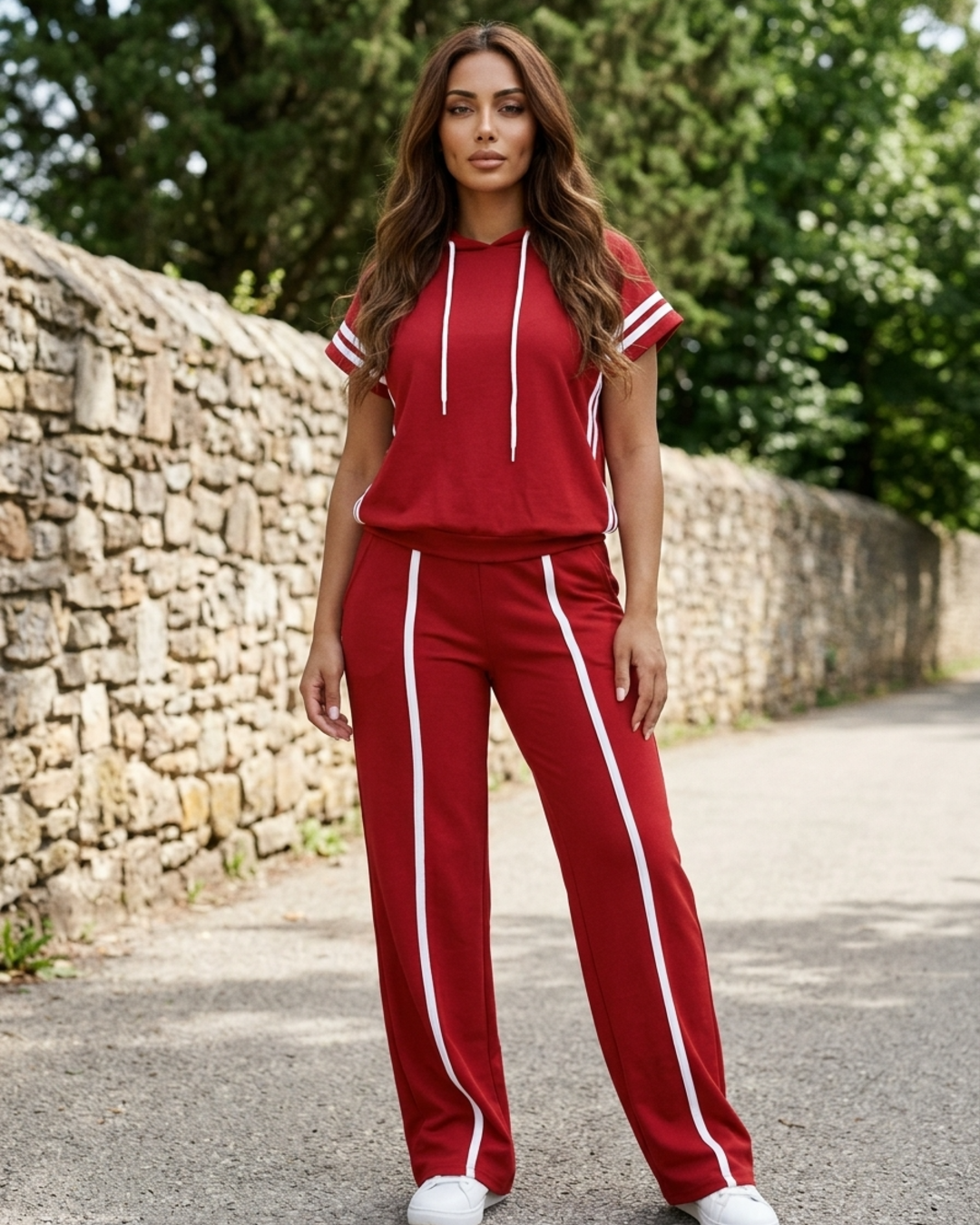 Women’s Two Piece Tracksuit Short Sleeve Hoodie and Wide Leg Sweatpants Set