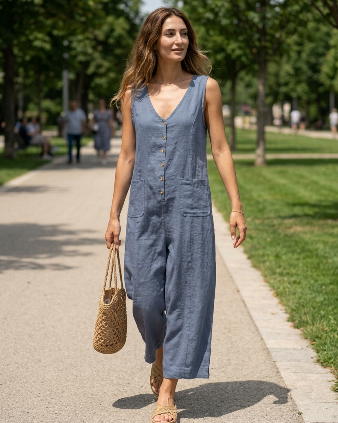 Women’s Sleeveless Jumpsuit Button-Down Wide Leg Linen Romper