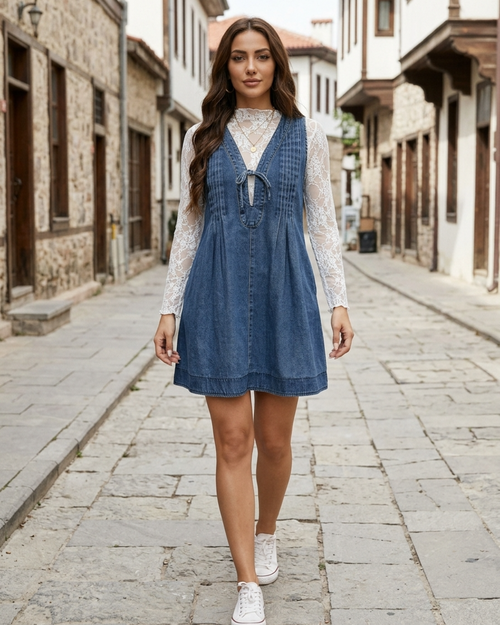 Women’s Denim Pinafore Dress Pleated Front Tie-Neck Shift Mini