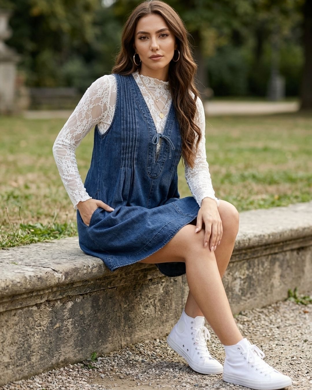 Women's Denim Pinafore Dress Pleated Front Tie-Neck Shift Mini – Houseofceylan