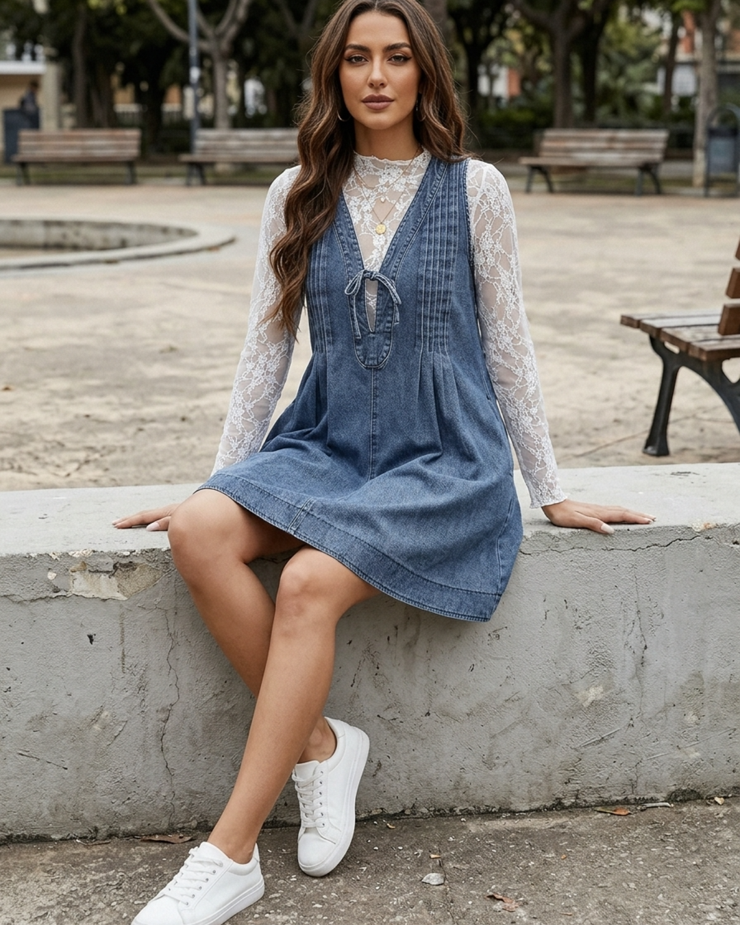 Women’s Denim Pinafore Dress Pleated Front Tie-Neck Shift Mini