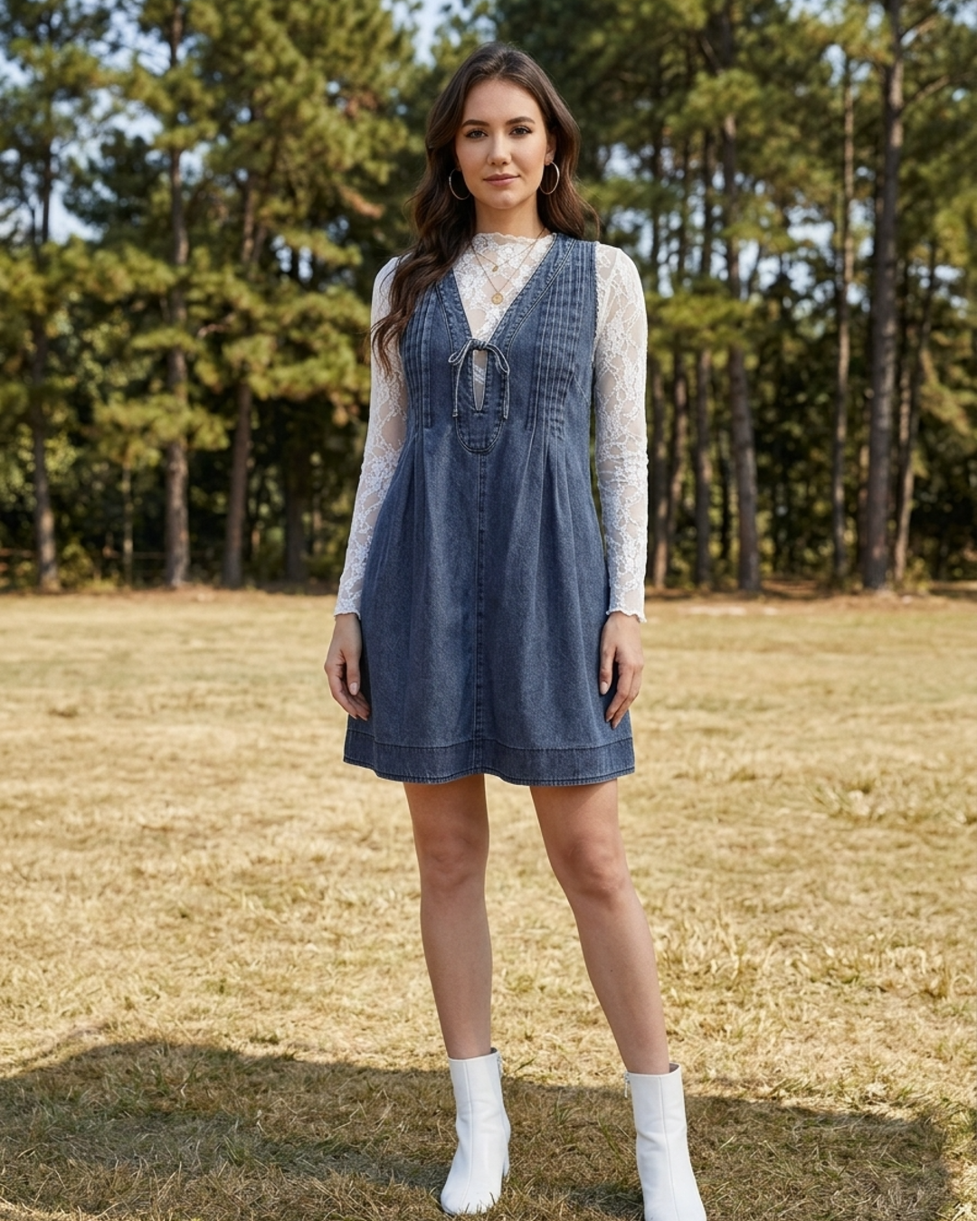 Women’s Denim Pinafore Dress Pleated Front Tie-Neck Shift Mini
