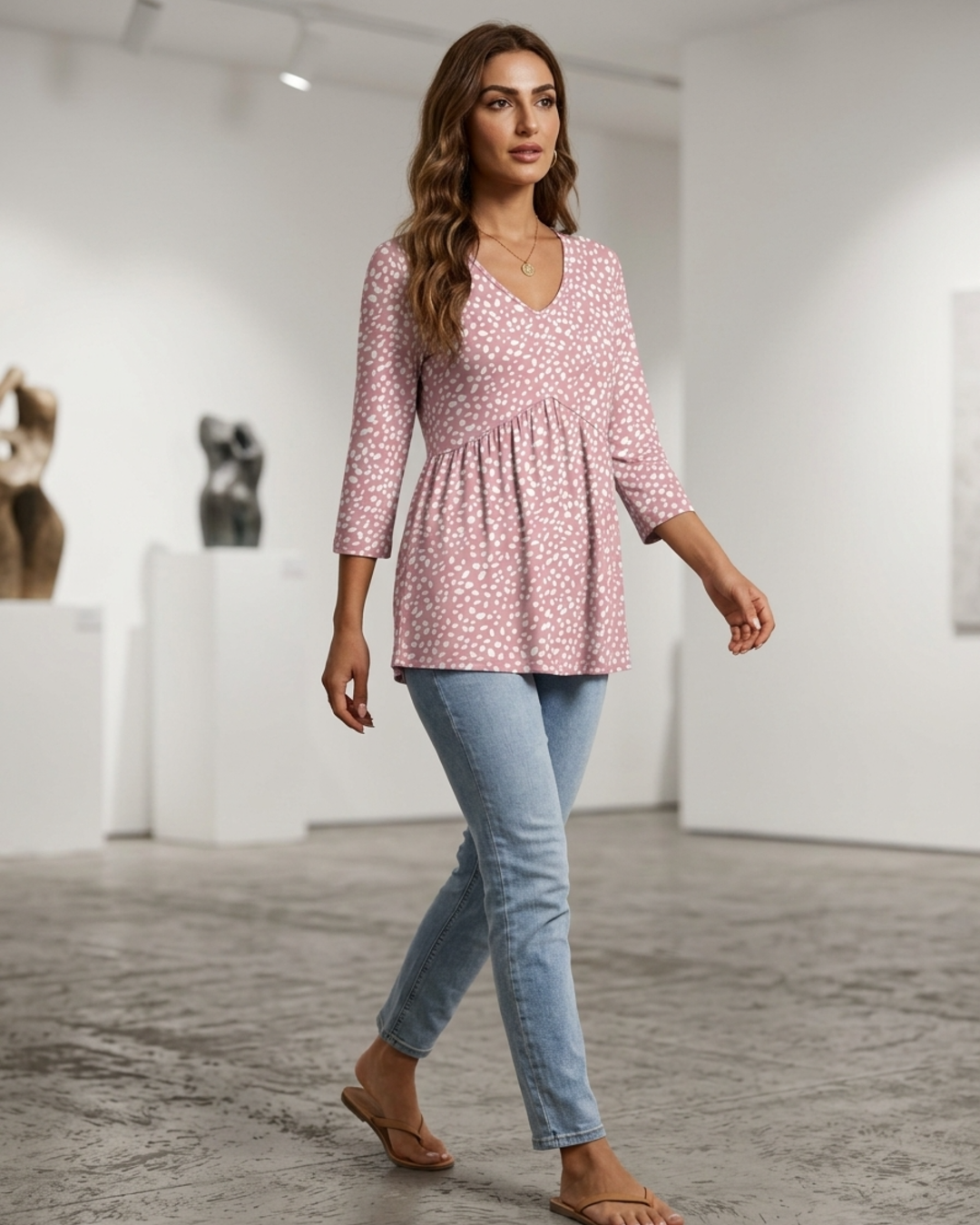 Women’s Tunic Top V-Neck 3/4 Sleeve Empire Waist Pleated Blouse