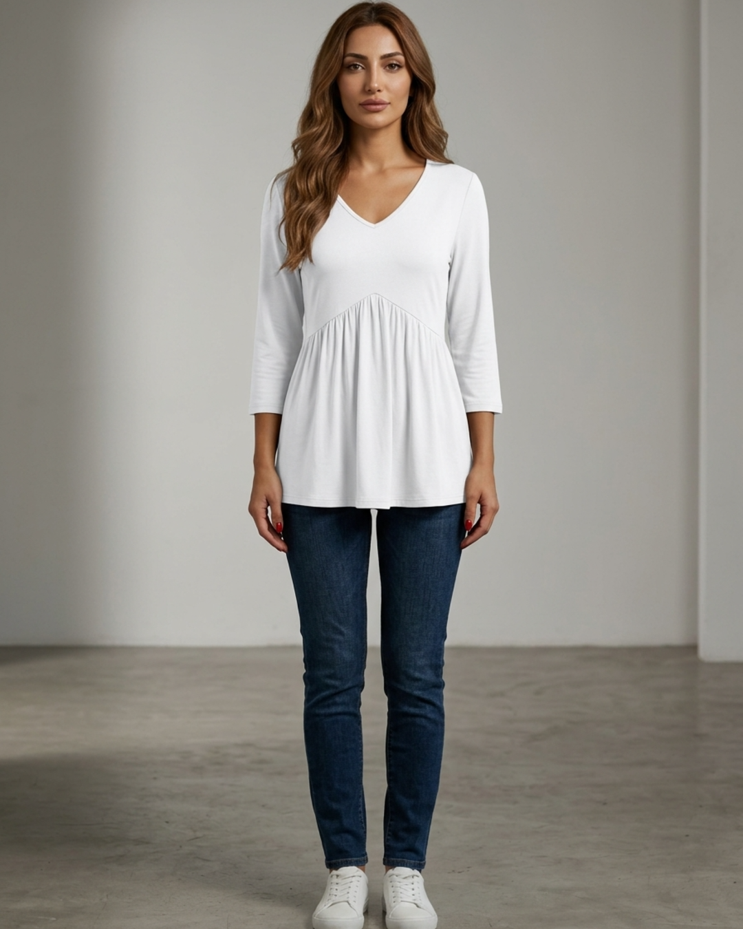 Women’s Tunic Top V-Neck 3/4 Sleeve Empire Waist Pleated Blouse