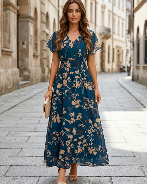 Women's Maxi Dress Flutter Sleeve Smocked Waist Floral Wedding Guest G – Houseofceylan