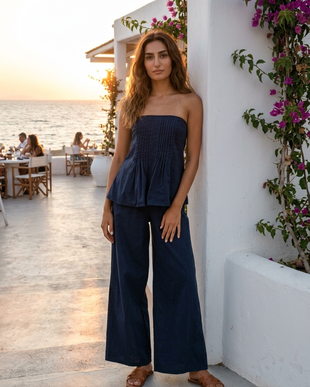 Women’s Two Piece Set Strapless Pleated Tube Top and Wide Leg Pants
