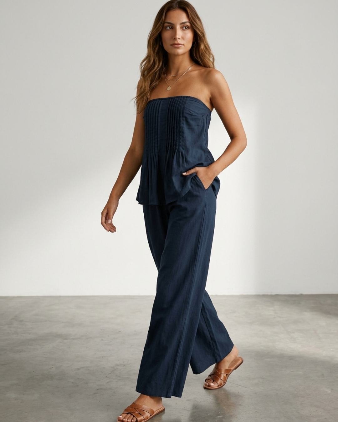 Women’s Two Piece Set Strapless Pleated Tube Top and Wide Leg Pants