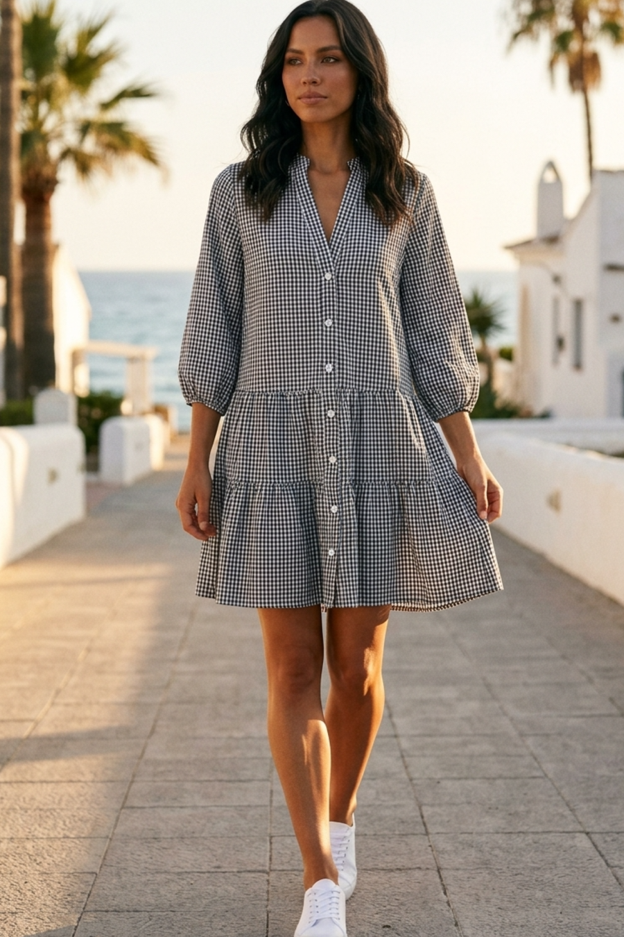 Women's Mini Dress Gingham Print Button Down 3/4 Sleeve Tiered Smock