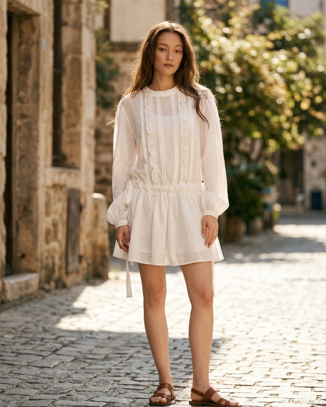 Women’s Mini Dress Pintuck Ruffle Bodice Long Sleeve Drop Waist