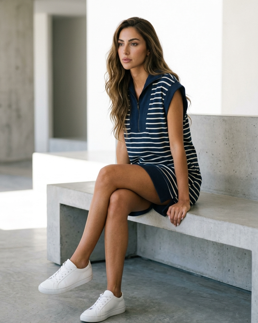 Women’s T-Shirt Dress Striped Quarter-Zip Collared Shift