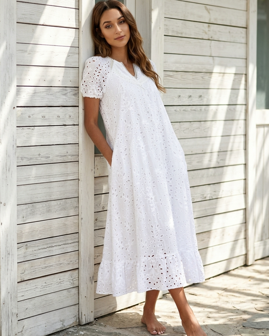 Women’s Midi Dress Eyelet Embroidery V-Neck Shift with Pockets